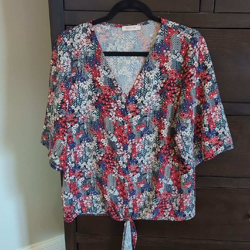 Women's Floral Tie-Front Top - Red and Blue